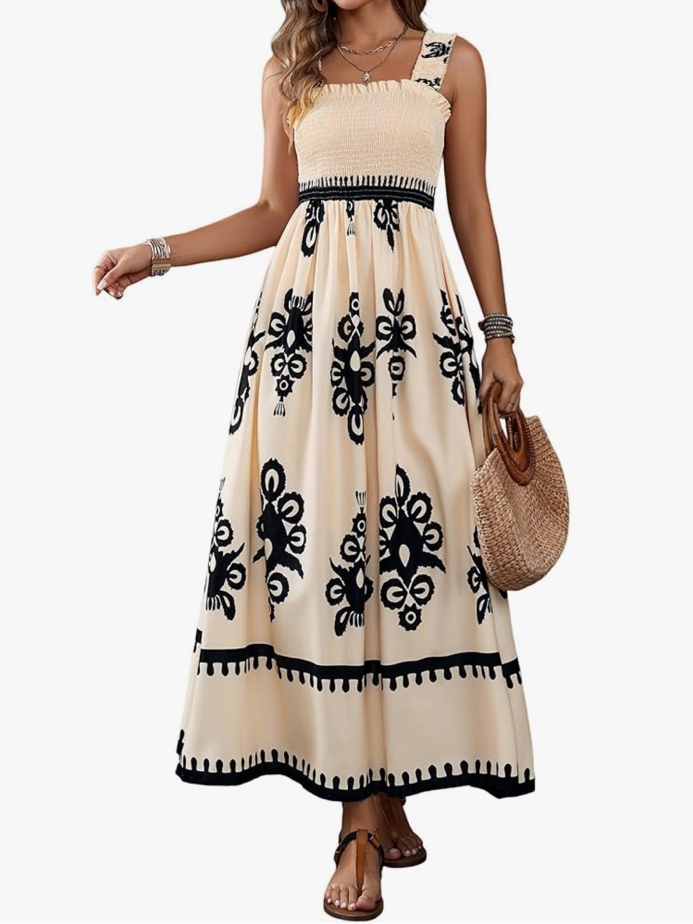 Smocked Square-Neck Boho Maxi Dress in Cream with Black Print